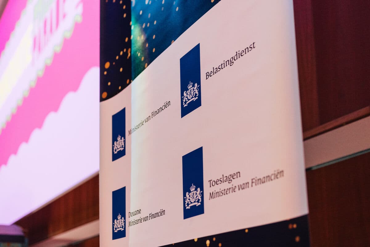 Ministry of Finance and Belastingdienst banners at the Innovation Awards ceremony
